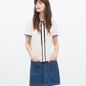 Zara Black and White Detail Bowtie Front Short Sleeve Blouse